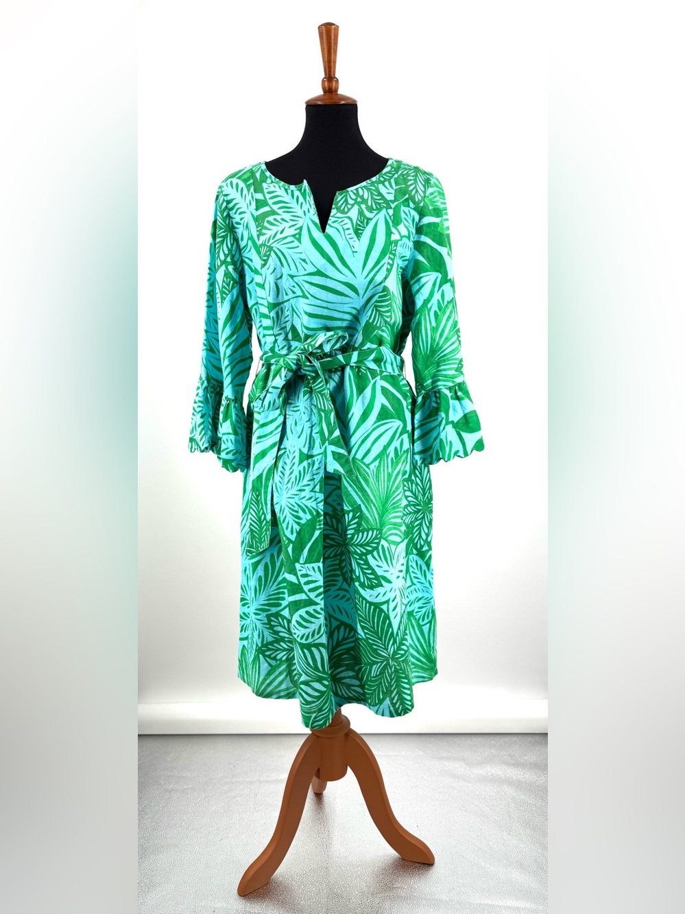 Talbots Plus Linen Cotton Blend Tropical Floral Leaf Print Tie Waist Dress Sz X